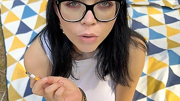 Legendary Busty PornStar Shione Cooper Smoking in Your Face in Glasses like a nerdy girl and Bouncing Boobs Outdoor next laydown and boobs playing and bouncing and Hard Dark Nipples