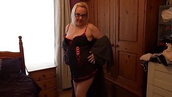 British cheating wife First time dressing up for boyfriend showing-off her body, spreading her pussy and showing off her big saggy tits