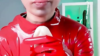 JOI: red latex catsuit red latex gloves