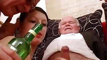 Teens eat grandpas cock in filthy voyeur group orgy after lesbo show
